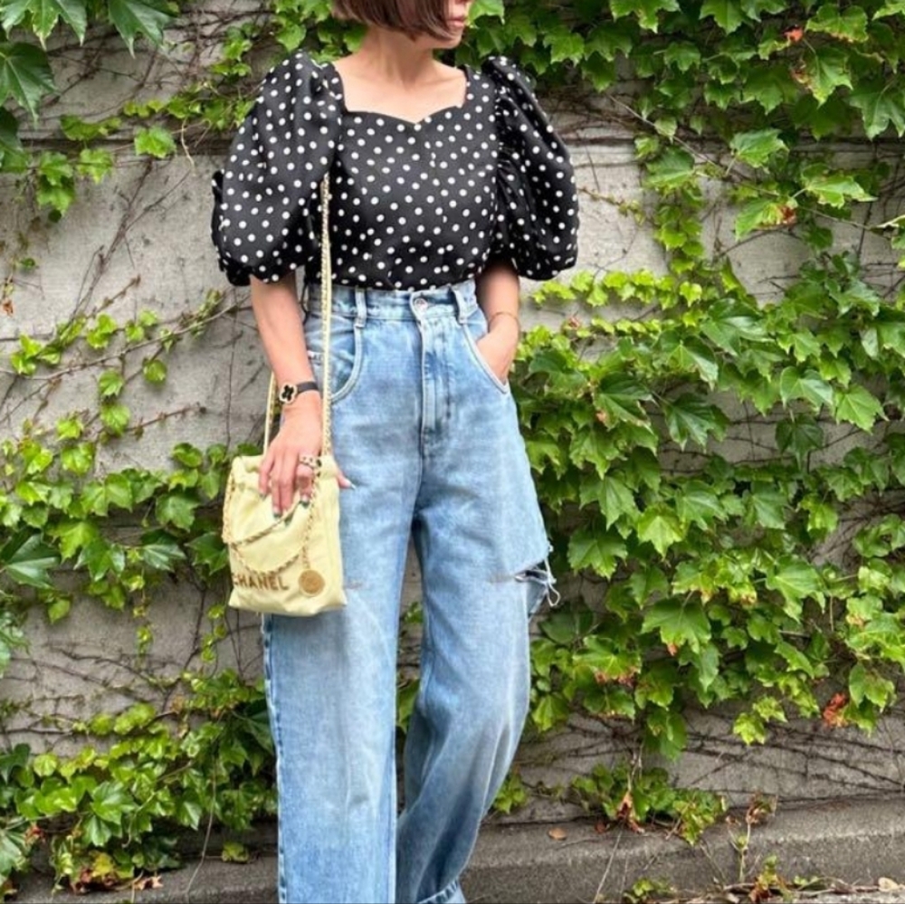 Cygne Balloon Sleeve Polkadot  Blouse Black & White Size 1 Japanese Brand